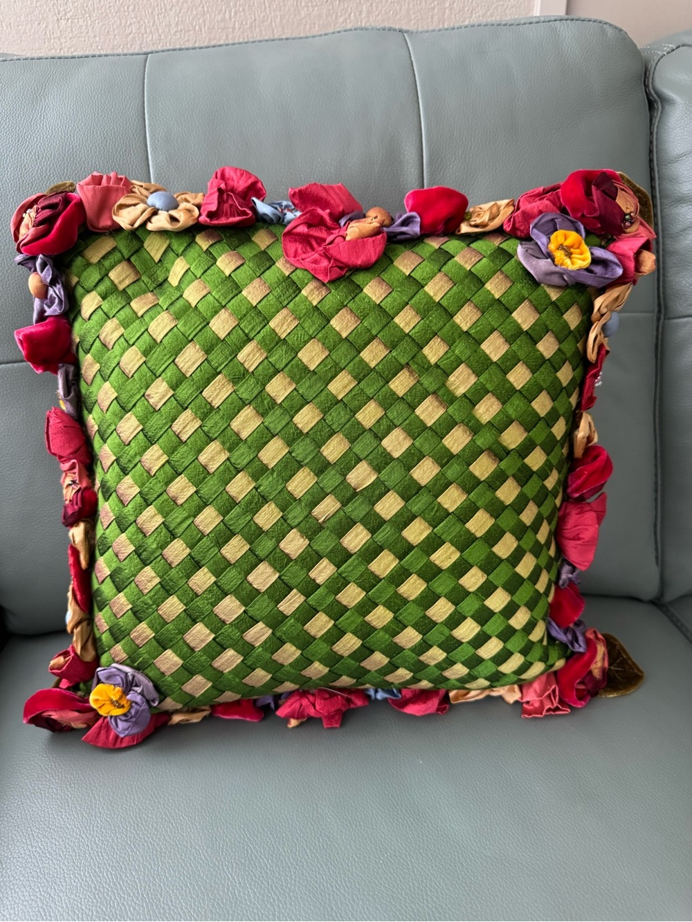 Authentic Retired MacKenzie-Childs Woven Floral Trim Decorative Throw Pillow